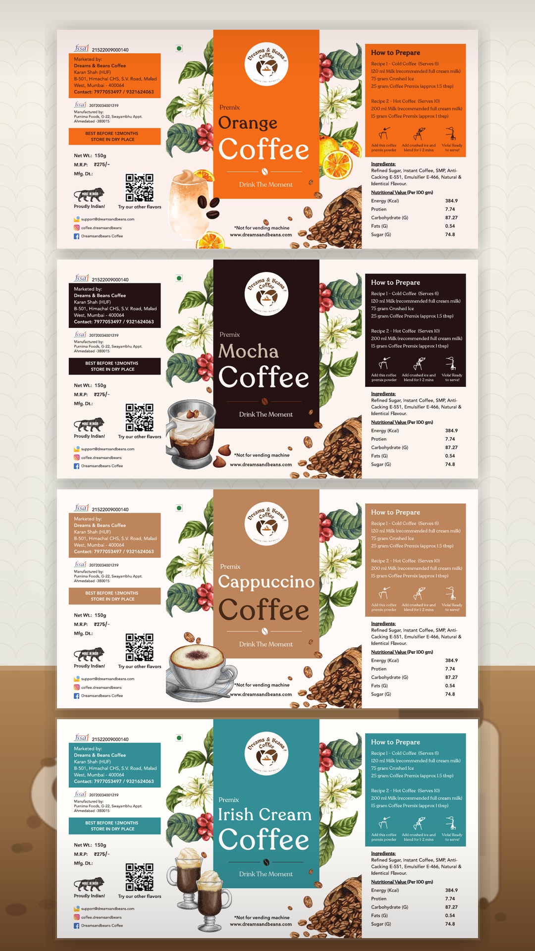 Flat packaging label design layout for orange, mocha, cappuccino, and Irish cream coffee jars