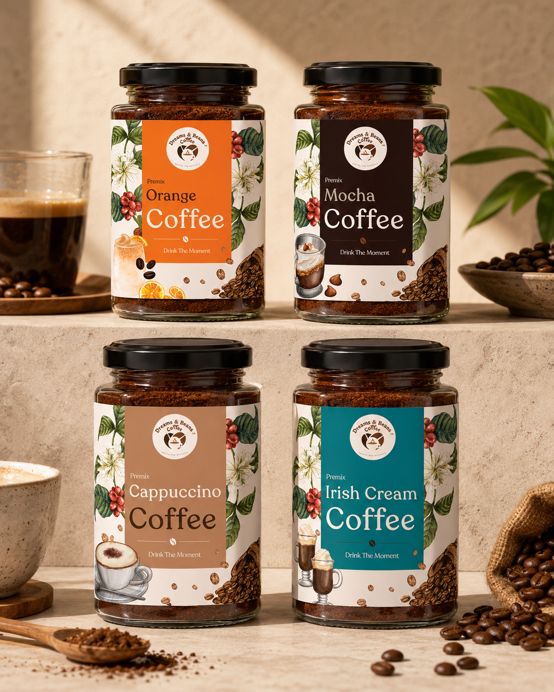 Packaging label design for four flavored instant coffee jars: orange, mocha, cappuccino, and Irish cream