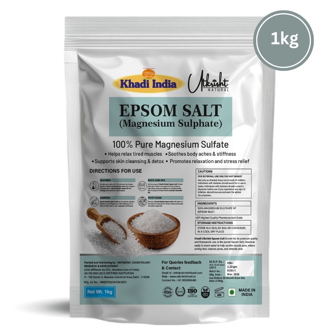 Utkrisht Khadi Pure Epsom Salt 100% Natural Magnesium Sulphate Bath Salt | Relaxing Bath & Foot Soak Salt for Muscle Relaxation, Stress Relief & Skin Care-1KG — ingredients
