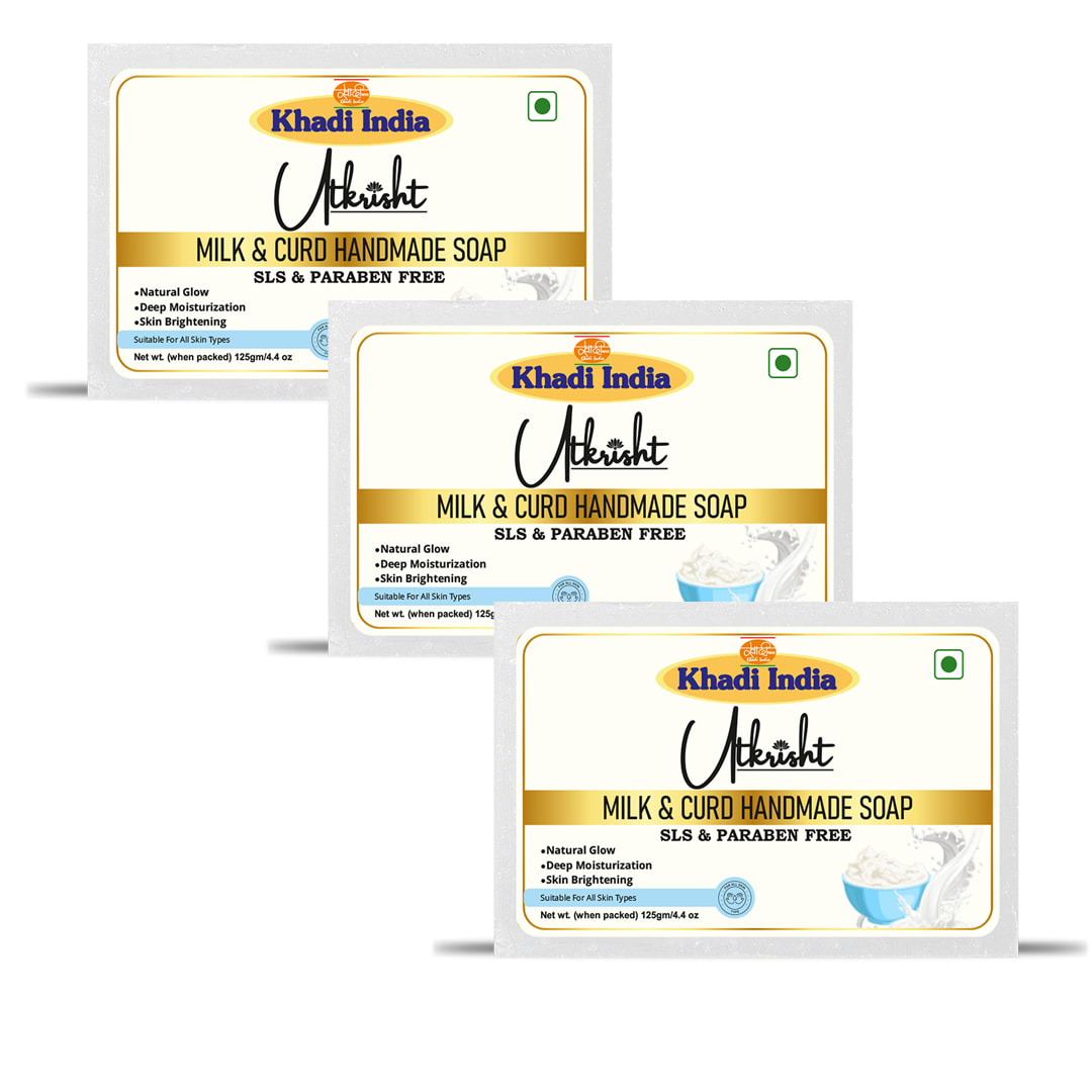 Utkrisht Khadi Milk & Curd Handmade Bathing Soap | Natural Ayurvedic Soap | Deep Moisturizing & Skin Nourishing for Men & Women-Pack of 3