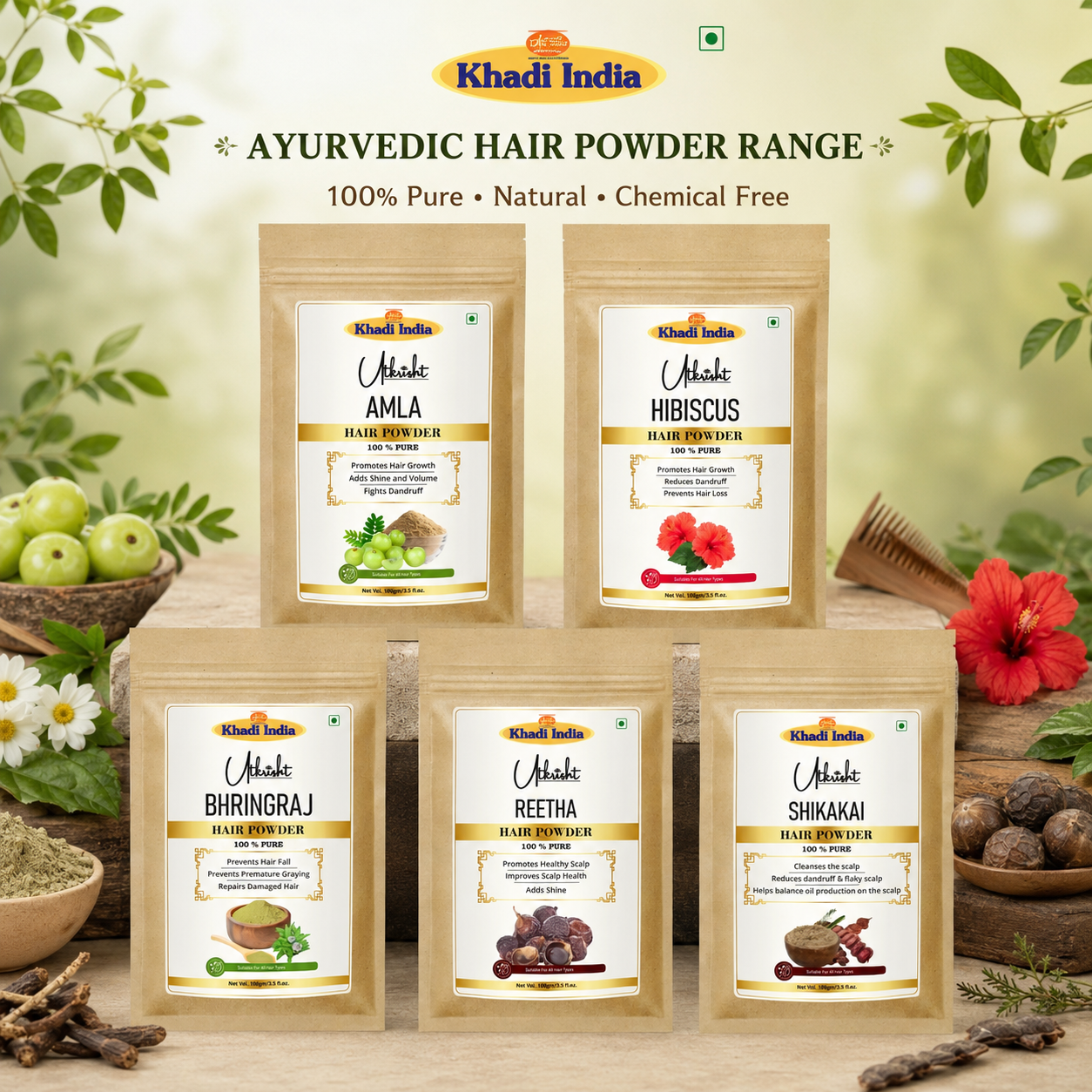 Utkrisht Khadi Ayurvedic Hair Powder Range — Combo of 5 (Amla, Hibiscus, Bhringraj, Reetha, Shikakai)-500GM