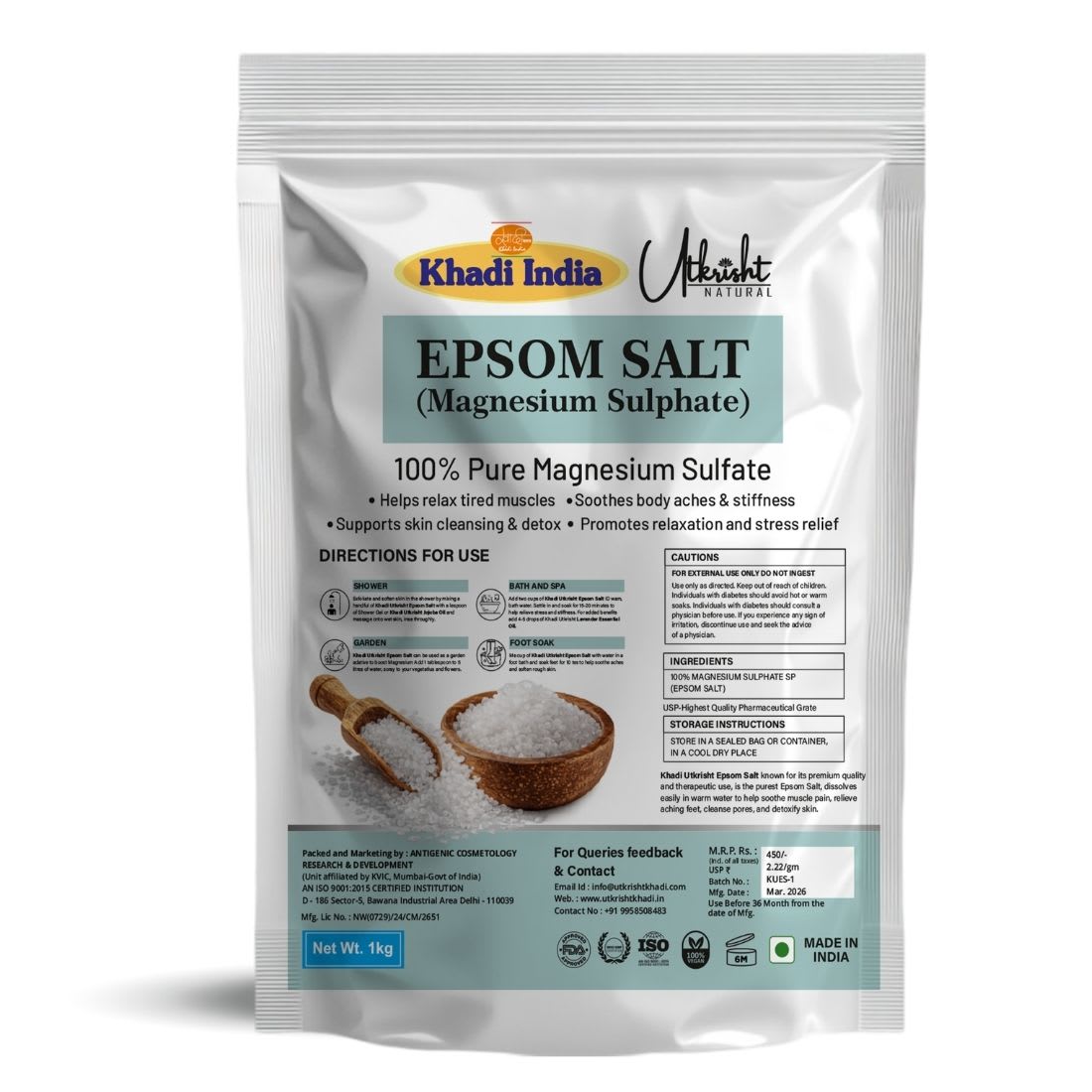 Utkrisht Khadi Pure Epsom Salt 100% Natural Magnesium Sulphate Bath Salt | Relaxing Bath & Foot Soak Salt for Muscle Relaxation, Stress Relief & Skin Care-1KG