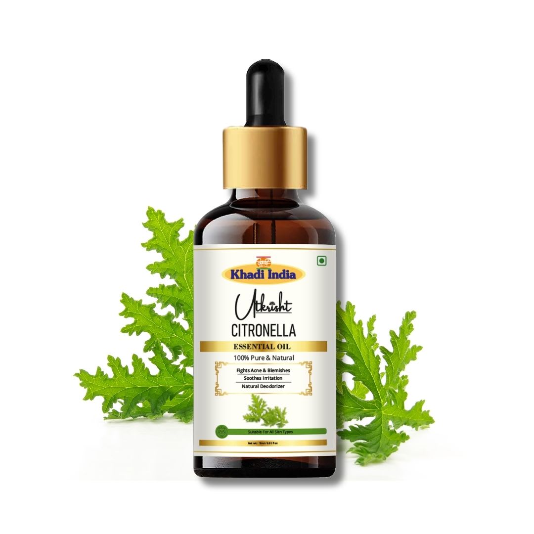 Utkrisht Khadi Natural Citronella Essential Oil | Multipurpose Aromatherapy Oil for Diffuser, Spa, Massage, Hair Care, Scalp Care & Skin Care | Steam Distilled | 15ml