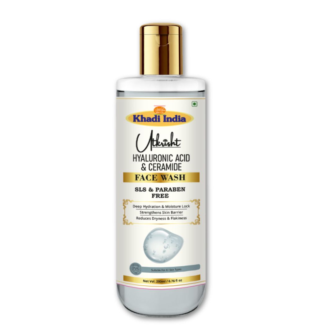 Utkrisht Khadi Hyaluronic Acid & Ceramide Face Wash | SLS & Paraben Free Hydrating Face Cleanser for Deep Moisture, Skin Barrier Repair & Soft Glowing Skin- 200ML