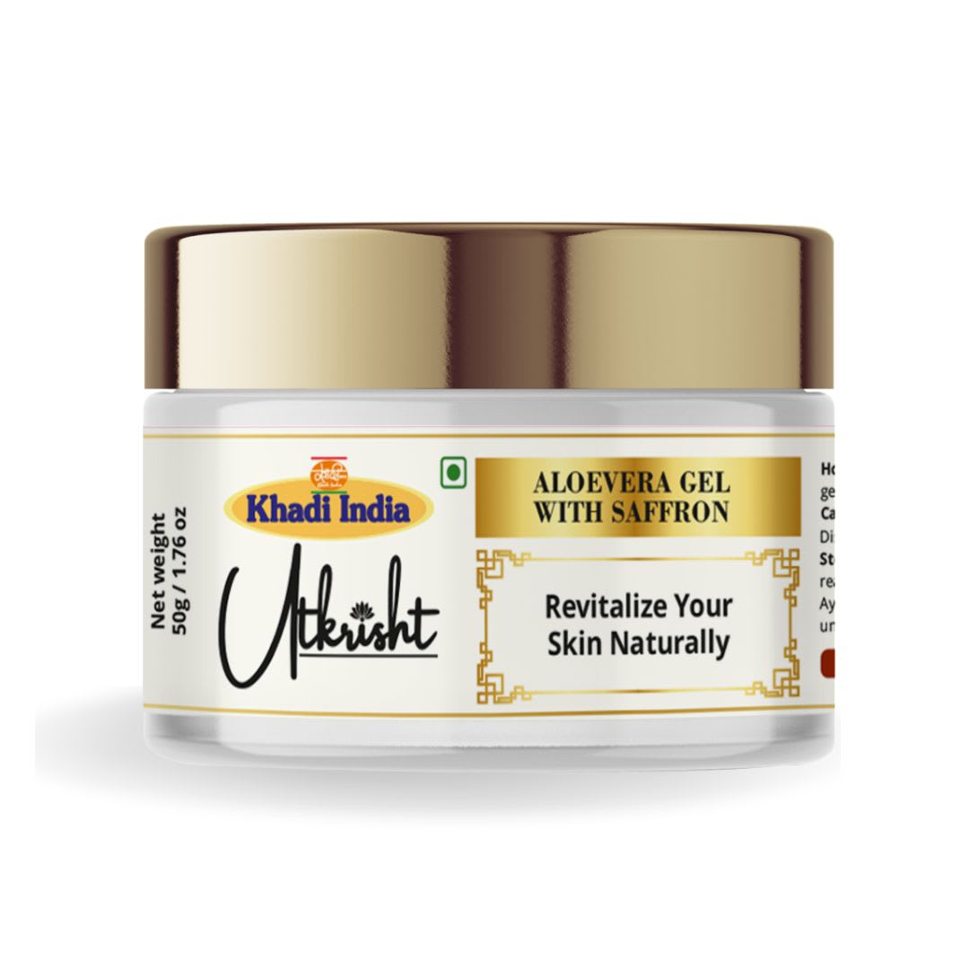 Utkrisht Khadi Aloe Vera Saffron Gel for Face, Skin & Body | Hydrating Brightening Gel with Aloe Vera & Kesar for Glowing Skin, Moisturizing, Skin Nourishment & Even Skin Tone-50GM