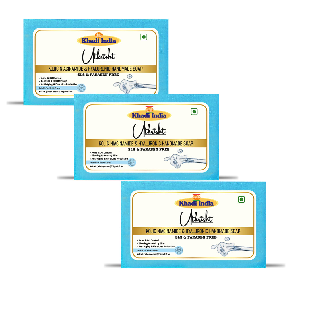 Utkrisht Khadi Kojic Acid Niacinamide & Hyaluronic Acid Handmade Soap | Natural Skin Brightening Bathing Bar with Kojic Acid, Niacinamide & Hyaluronic Acid-Pack of 3