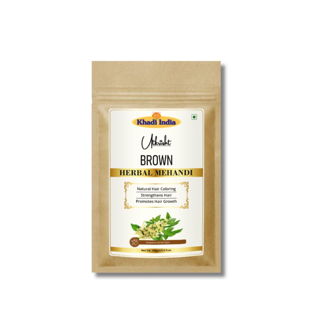 Utkrisht Khadi Brown Burgundy Mehndi Powder | Natural Herbal Hair Color | Long Lasting Rich Brown Shade | Chemical Free Henna