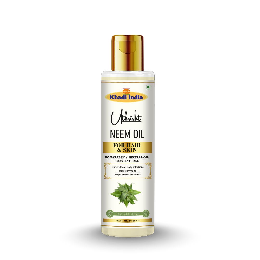 Utkrisht Khadi Pure Neem Oil for Hair, Skin & Scalp | Cold Pressed Multi-Purpose Beauty Oil for Hair Growth, Dandruff Care, Acne-Prone Skin & Body Care-100ML