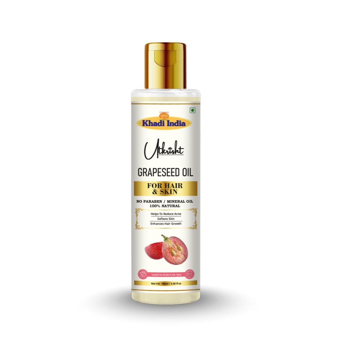 Utkrisht Khadi Pure Grapeseed Oil for Hair, Face & Body | Cold Pressed Lightweight Beauty Oil for Hair Growth, Scalp Care, Skin Hydration & Natural Glow-100ML