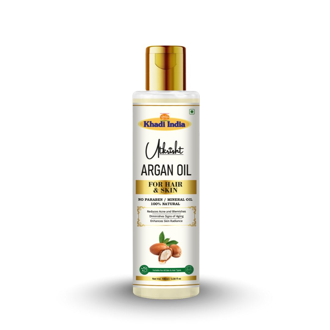 Utkrisht Khadi Pure Argan Oil for Hair, Face & Body | Moroccan Argan Oil for Hair Growth, Frizz Control, Dry Skin, Beard & Nail Care-100ML