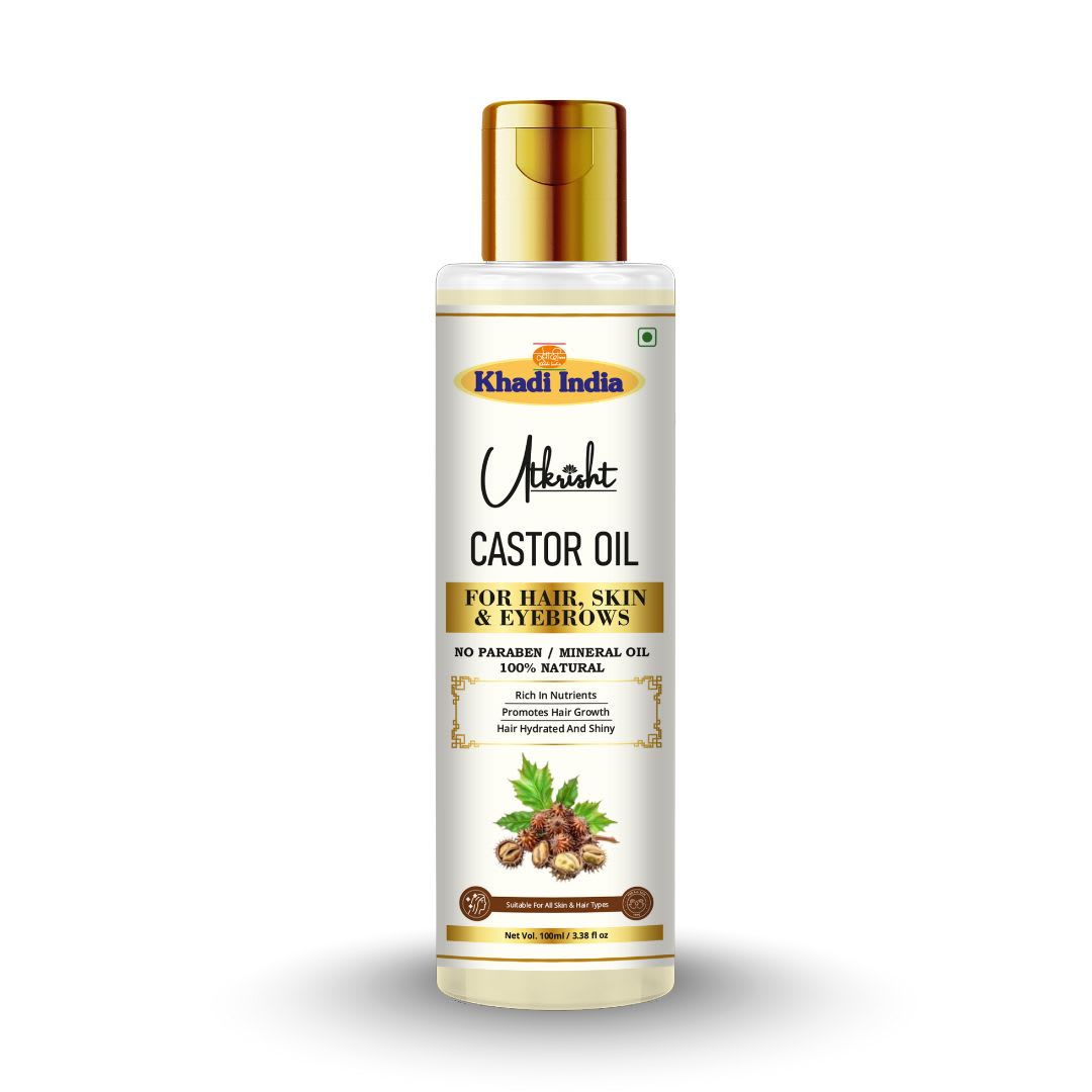Utkrisht Khadi Pure Castor Oil for Hair, Skin & Eyelashes | Deep Nourishing Hair Growth Oil for Hair Fall Control, Thick Hair, Eyebrows & Beard Care-100ML