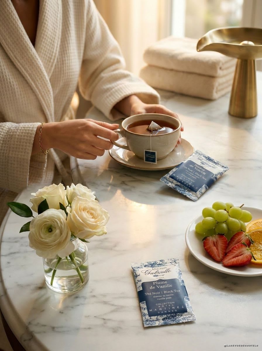 Tasse de thé Plume de Vanille et sachet Maison Gabrielle sur une table en marbre dans une chambre d'hôtel