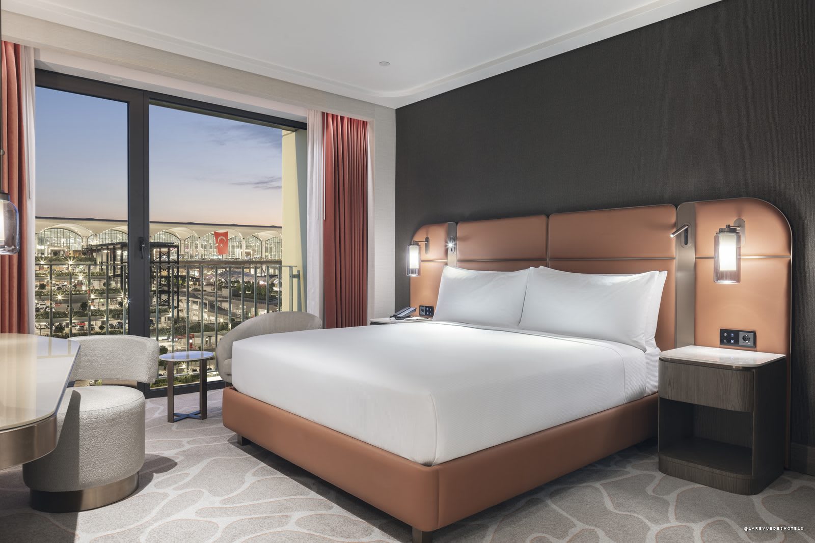 A guest room at the Hilton Istanbul Airport, overlooking the runways