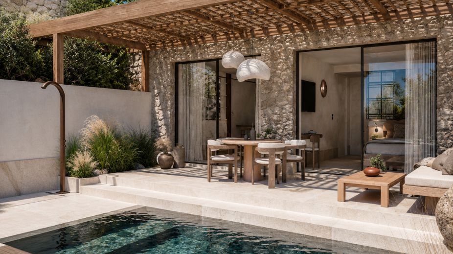Une suite du resort ZEST avec sa piscine privative et sa terrasse couverte
