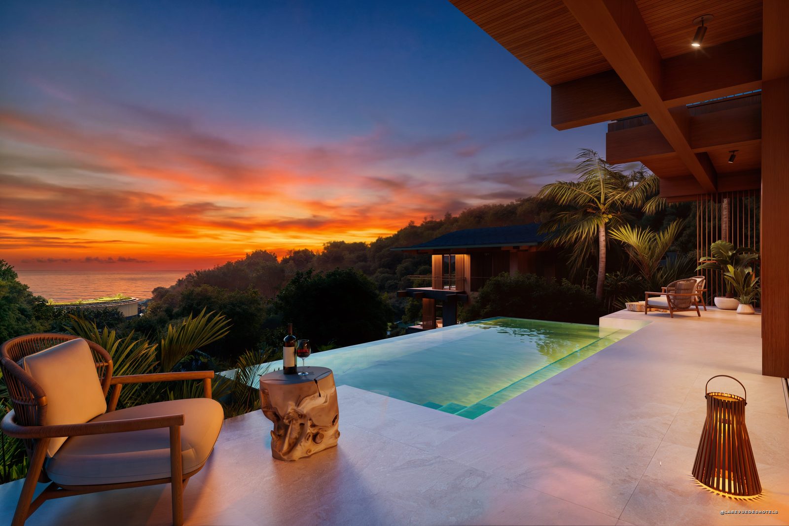 Terrasse d'une villa du Maravé Manuel Antonio face au coucher de soleil sur le Pacifique