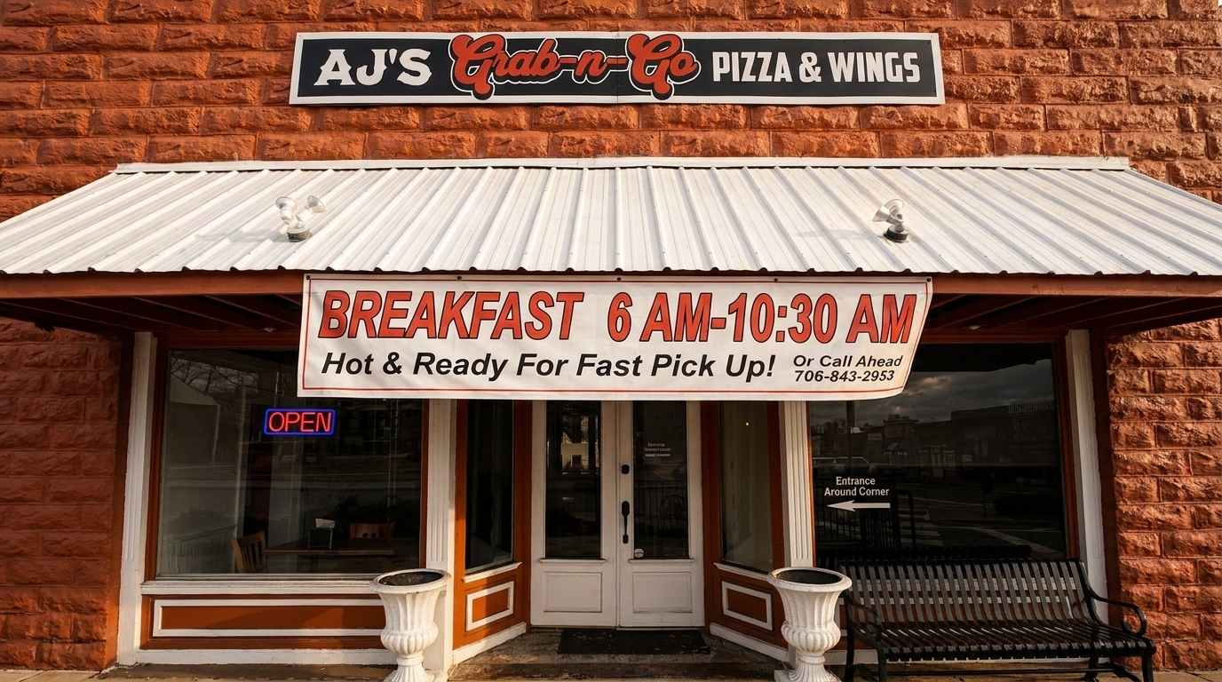 AJ's Grab-n-Go Pizza & Wings storefront with a breakfast banner and an "OPEN" sign.