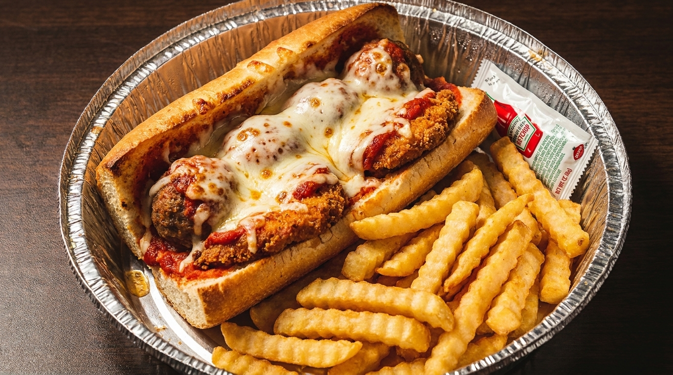 Meatball and chicken parmesan hero sandwich with melted cheese, marinara, and crinkle-cut fries in a foil container.