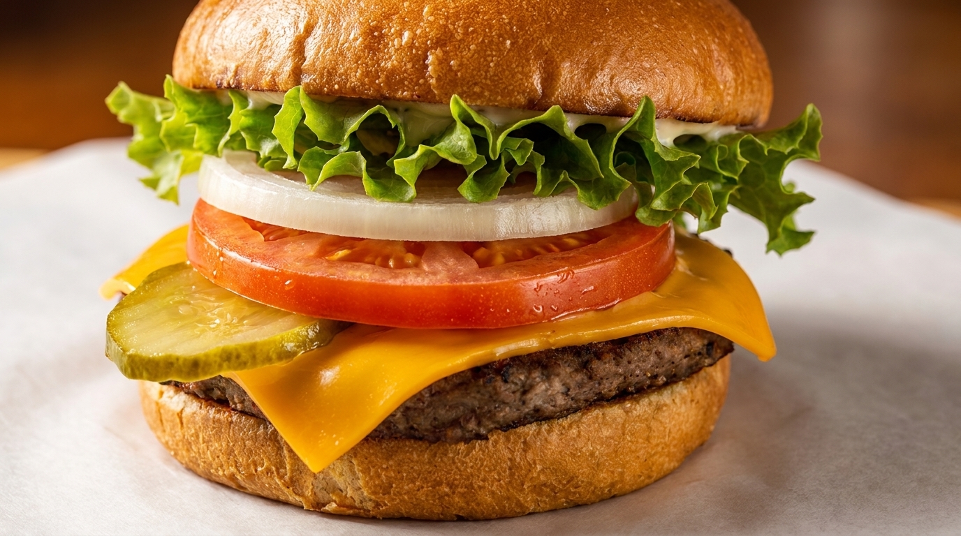 Close-up of a cheeseburger with lettuce, onion, tomato, and pickles on a toasted bun.