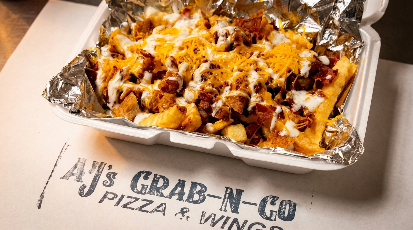 Loaded fries with cheese, bacon, and ranch dressing in a takeout container from AJ's Grab-N-Go.
