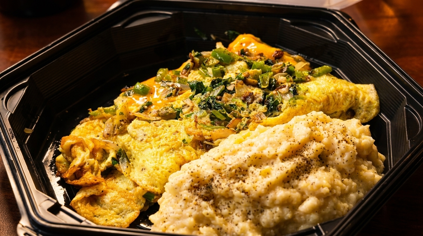 A takeout container holds a cheesy omelet with vegetables and a side of grits, seasoned with pepper.