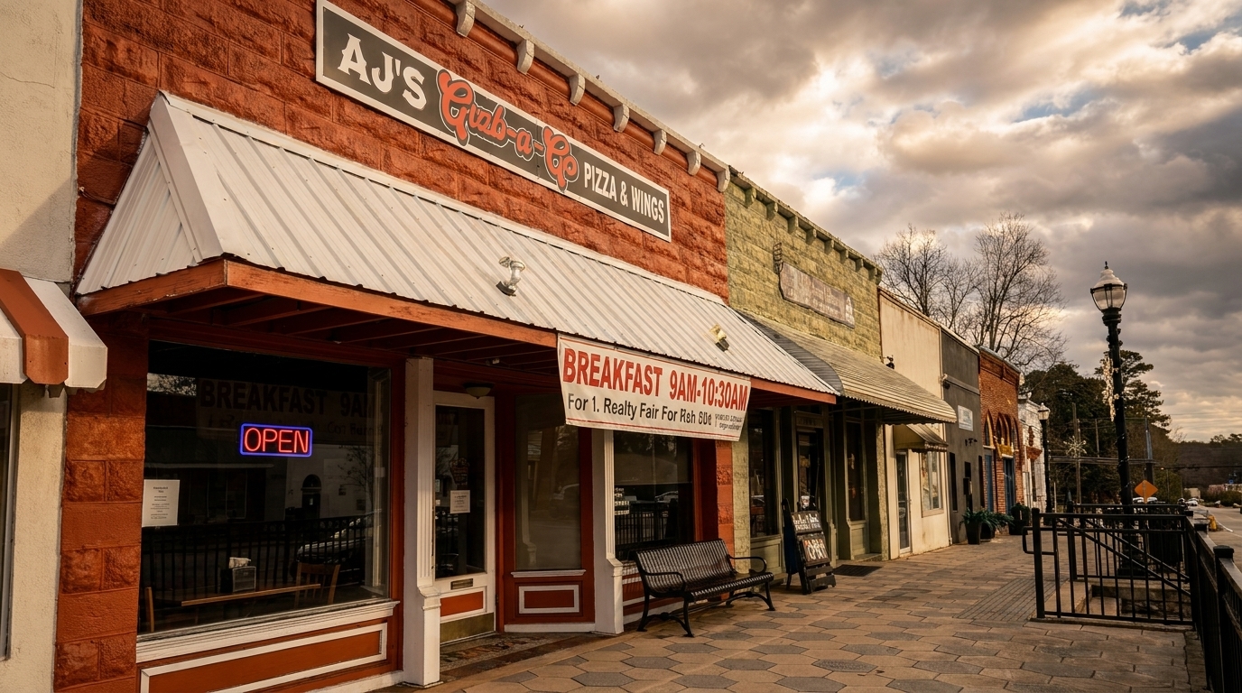 AJ's Grab-a-Go Pizza & Wings storefront with an "OPEN" sign and breakfast hours.