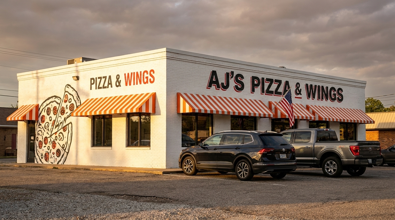 AJ's Pizza & Wings restaurant exterior with orange striped awnings, a pizza mural, and parked cars.