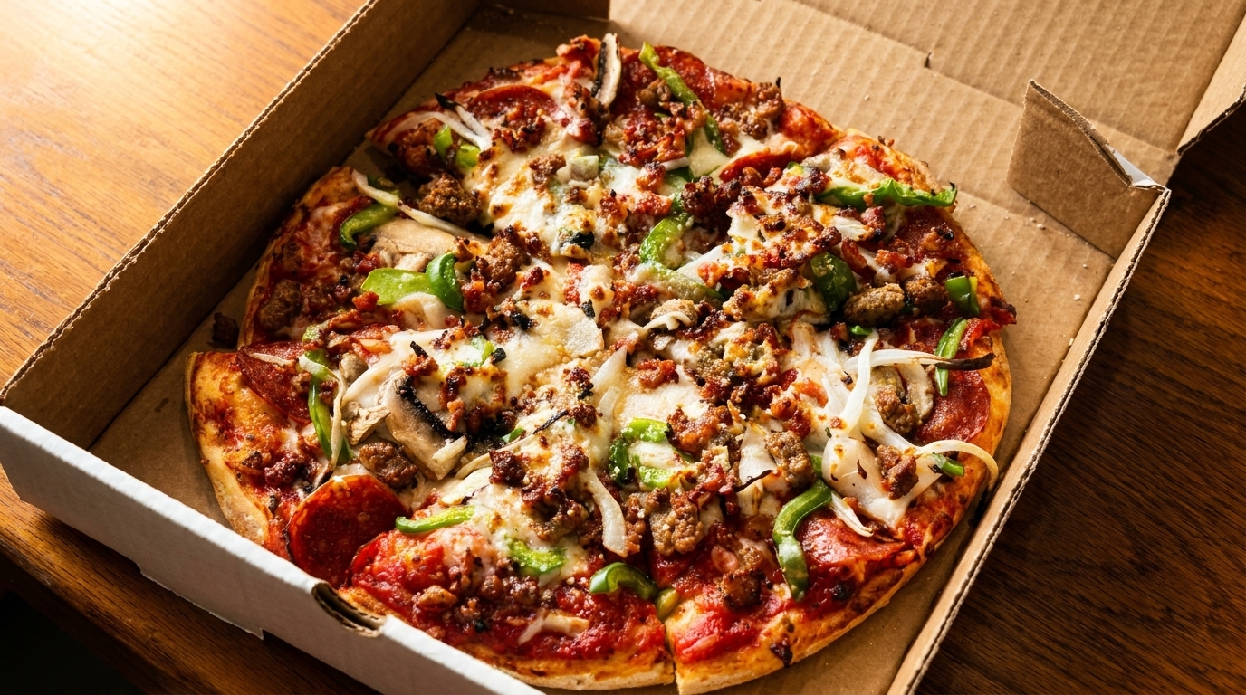 A delicious supreme pizza with pepperoni, sausage, mushrooms, onions, and green peppers in a box.