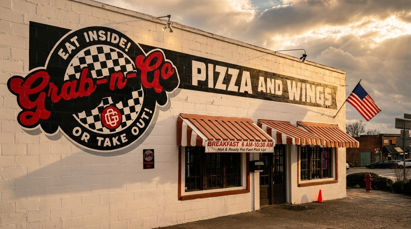 Exterior of Grab-n-Go Pizza and Wings with a large sign, striped awnings, and an American flag.