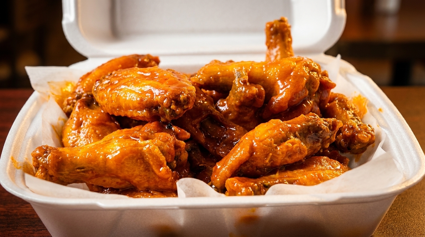 Close-up of a white takeout container filled with glistening, saucy chicken wings.