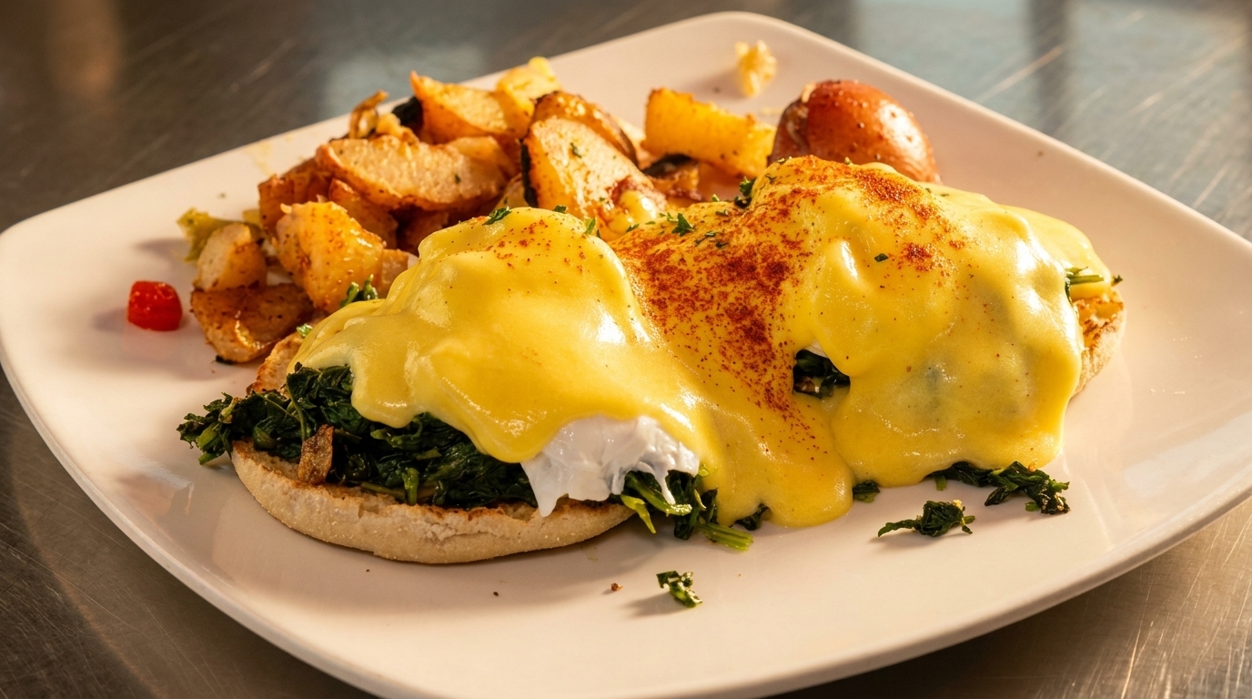 Eggs Benedict with spinach, hollandaise sauce, and a side of roasted potatoes on a white plate.