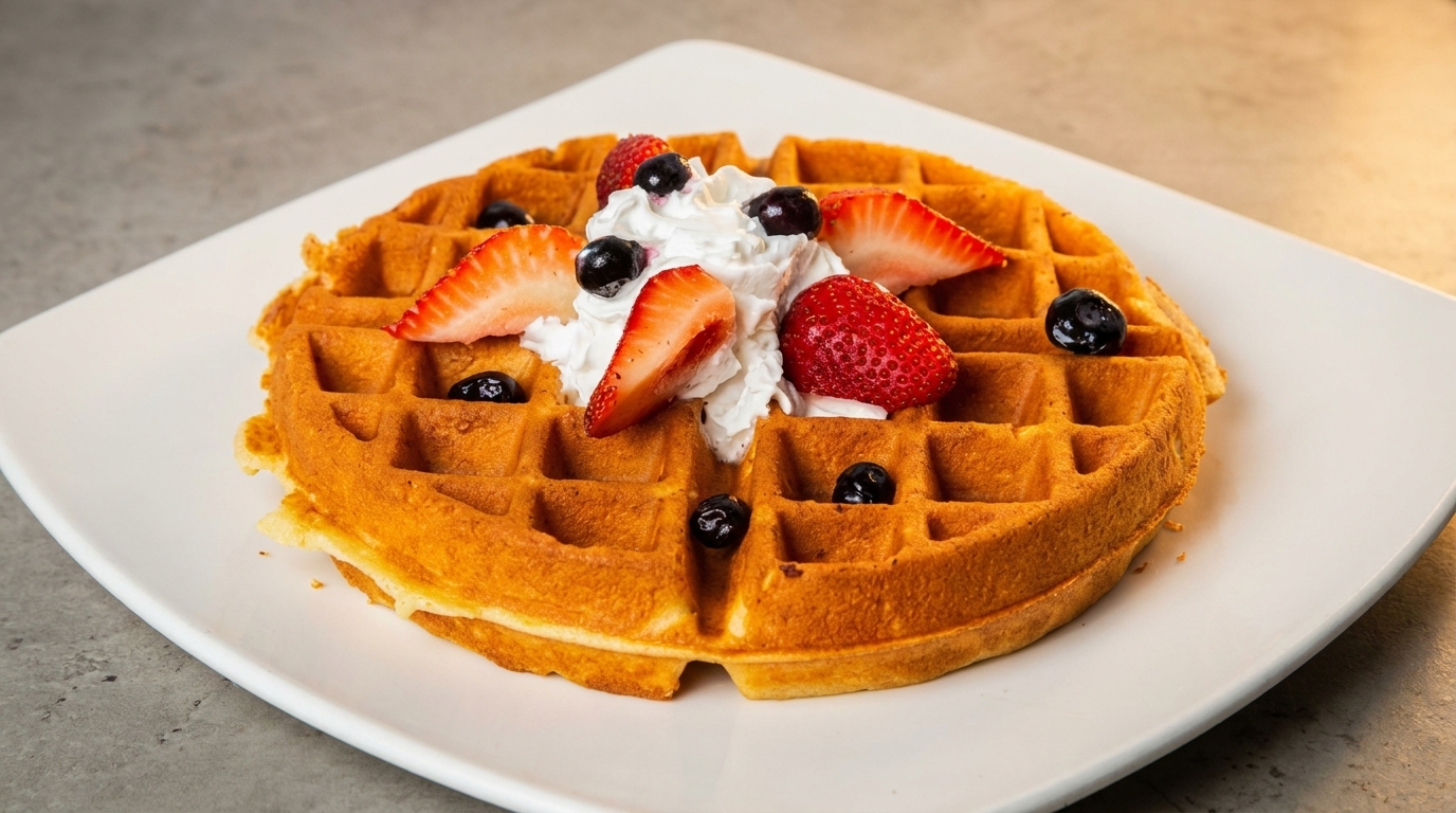 Golden waffle topped with whipped cream, fresh strawberries, and blueberries on a white plate.
