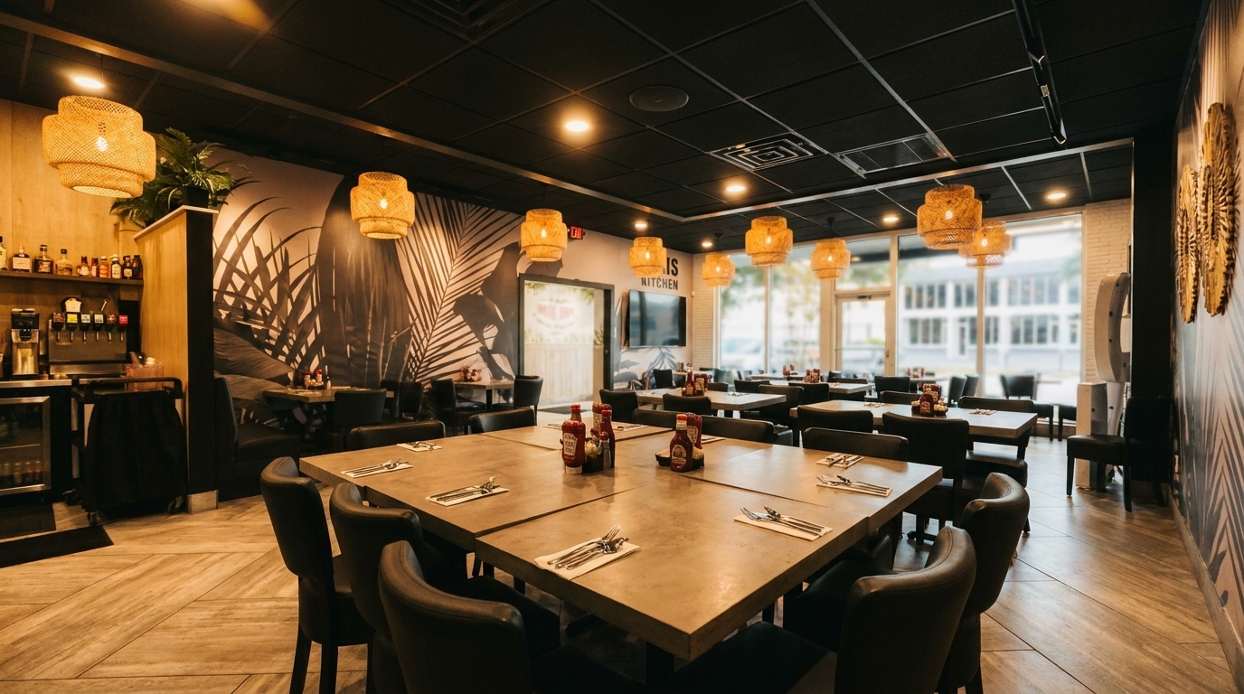Modern restaurant interior with dark tables, black chairs, woven light fixtures, and tropical leaf wallpaper.