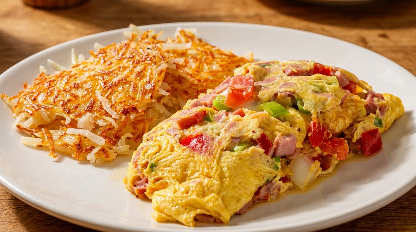 A fluffy omelet filled with ham, red peppers, and green onions, served with crispy hash browns.