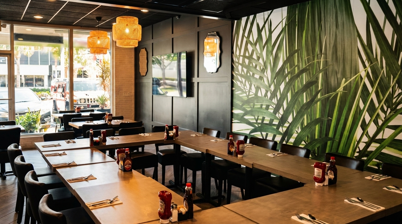 Restaurant interior with U-shaped tables set for dining, large windows, and a tropical leaf mural.