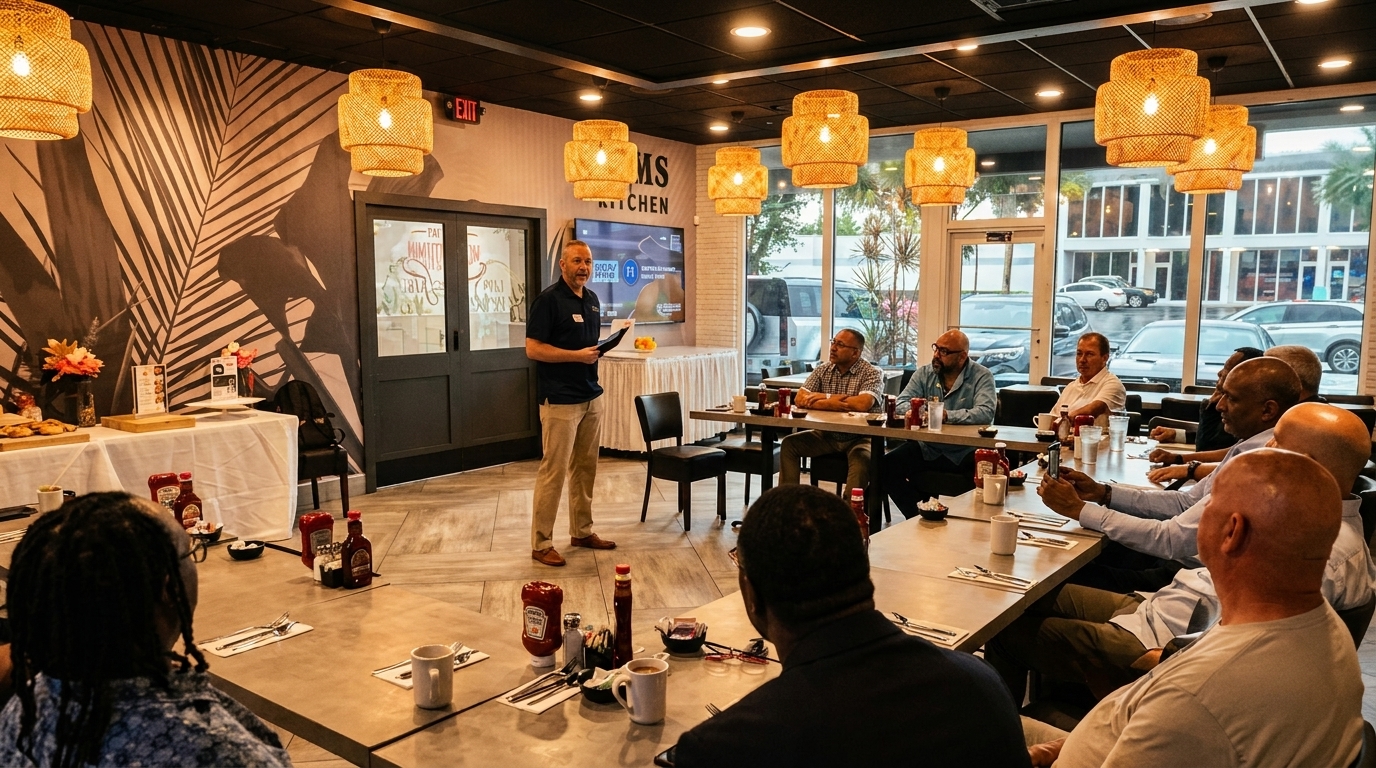 A man presents to a group of diverse men seated at tables in a restaurant dining room.
