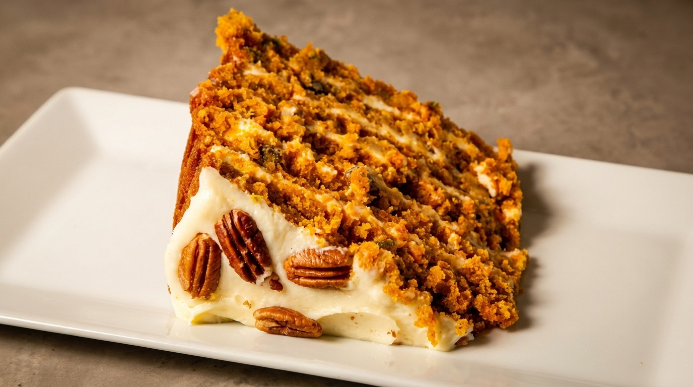 A slice of carrot cake with cream cheese frosting and pecans on a white rectangular plate.