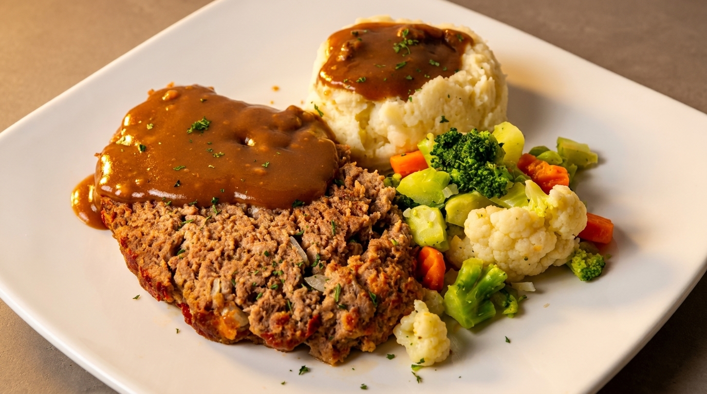 Meatloaf with gravy, mashed potatoes, and mixed vegetables on a white plate.