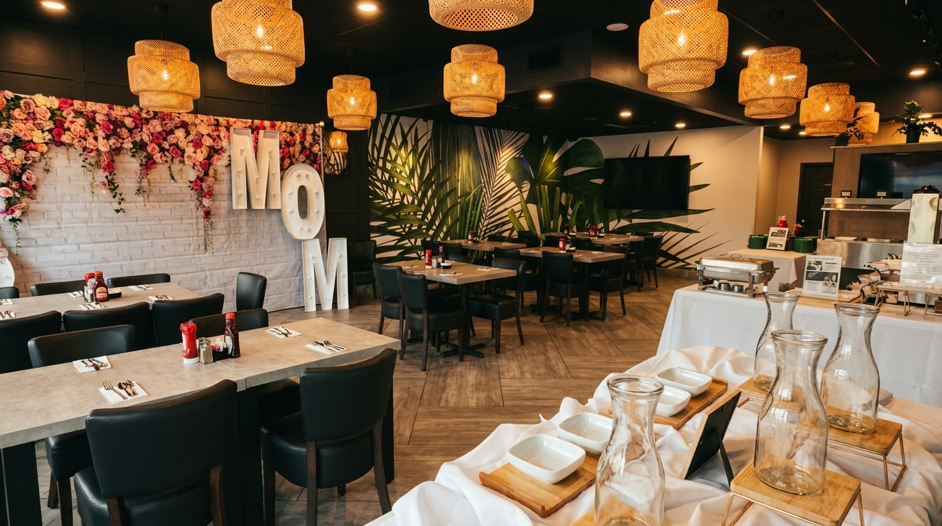 Restaurant dining room with tables, chairs, buffet, floral wall decor, and tropical leaf mural.