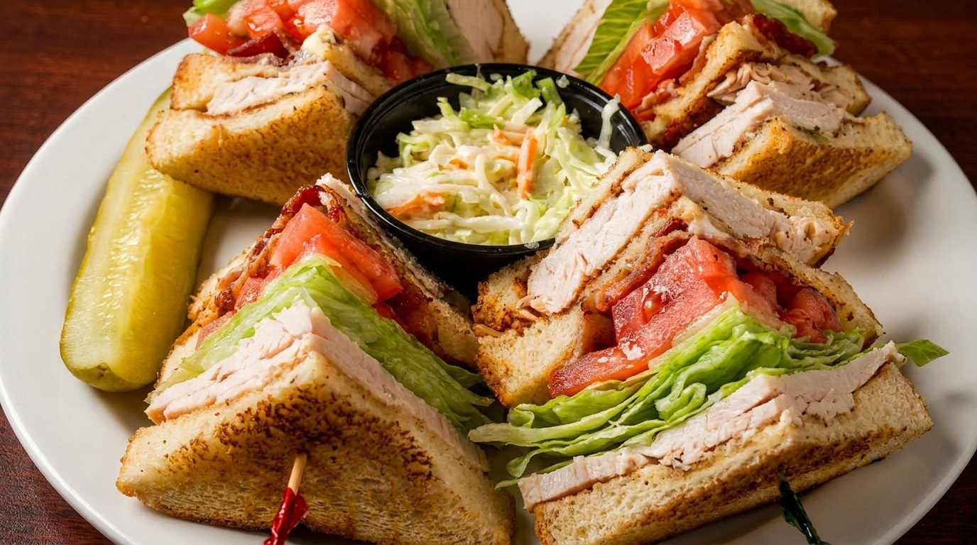 Four club sandwich halves with turkey, bacon, lettuce, tomato, a side of coleslaw, and a pickle.