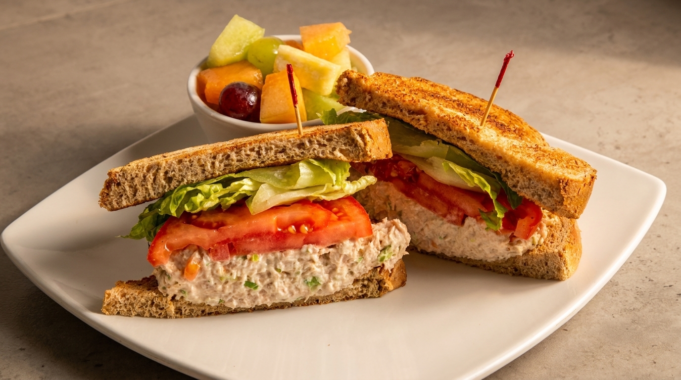 Tuna salad sandwich on toasted bread with lettuce and tomato, served with a side of fruit salad.
