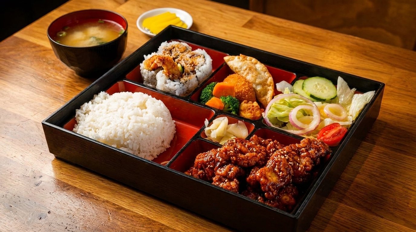 A bento box with rice, sushi, fried chicken, dumplings, salad, and miso soup on a wooden table.