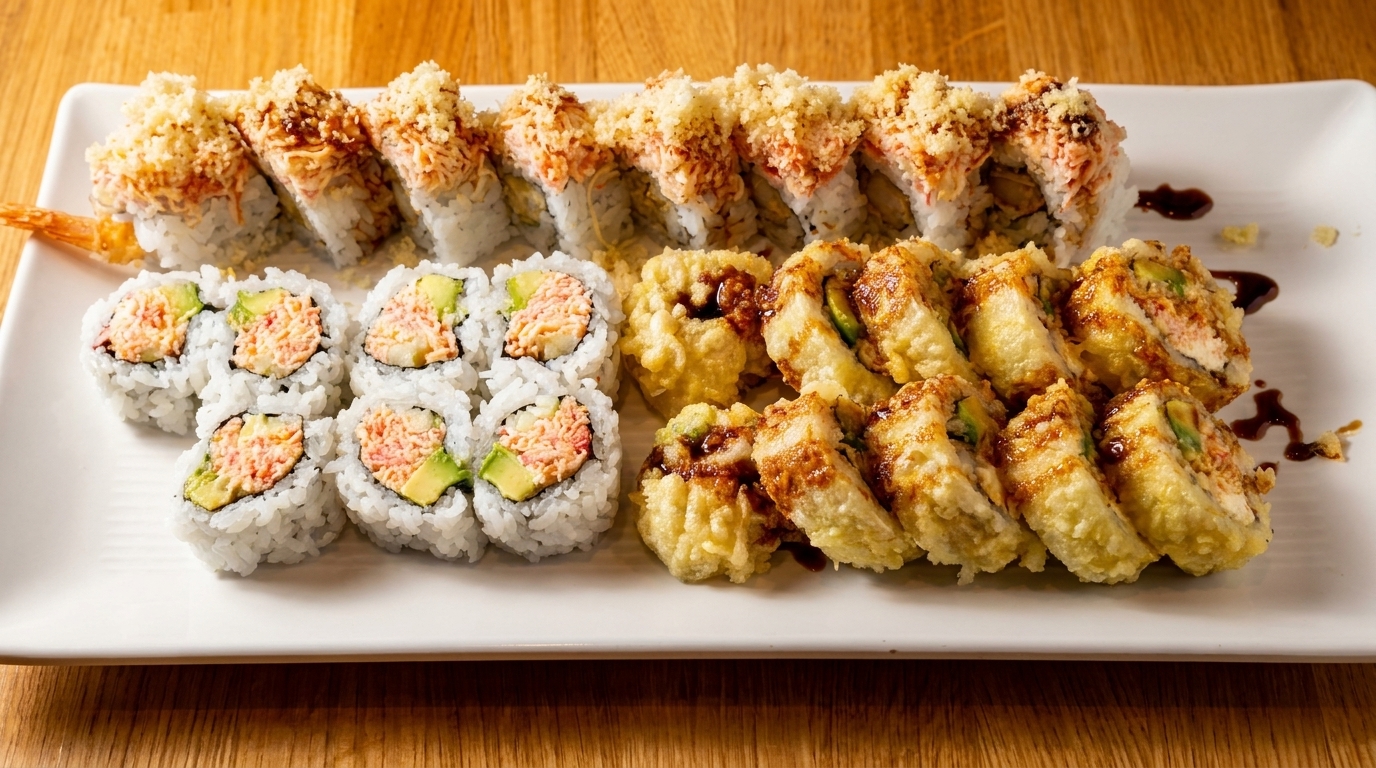 Three rows of sushi rolls on a white rectangular plate, including California, tempura, and crunchy rolls.