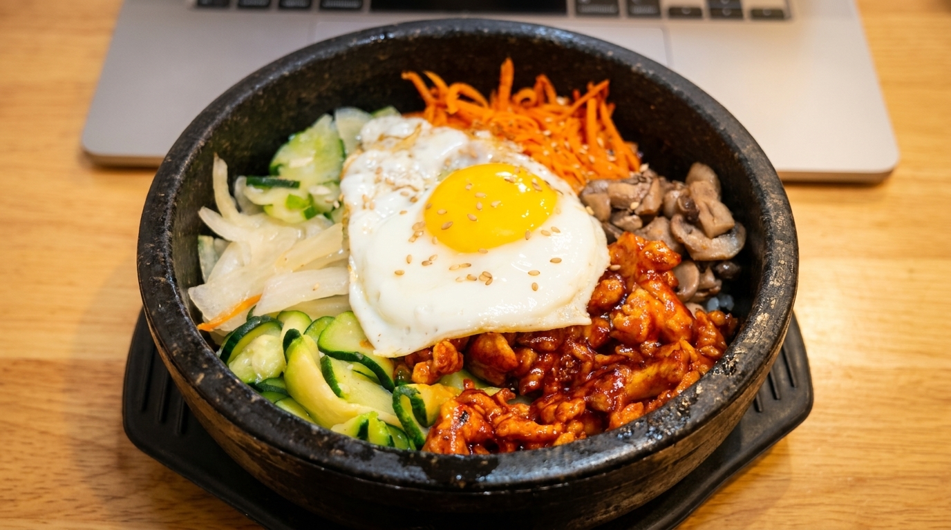A close-up of a bibimbap bowl with a fried egg, chicken, and vegetables on a wooden table.