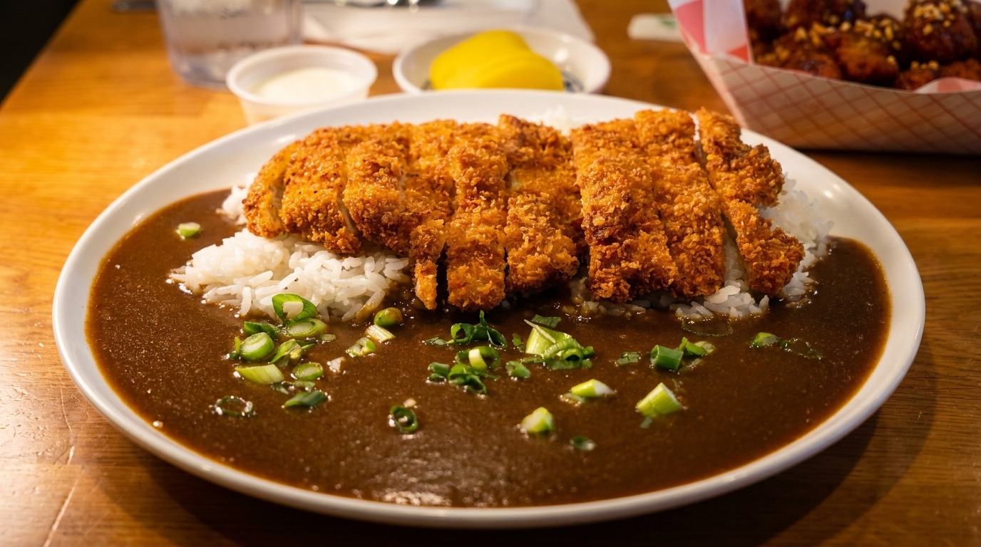 Crispy tonkatsu pork cutlet over white rice and rich brown curry, garnished with green onions.