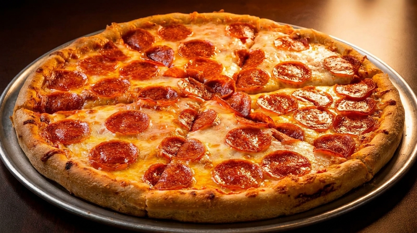 A whole pepperoni pizza with melted cheese and a golden crust on a metal pan.