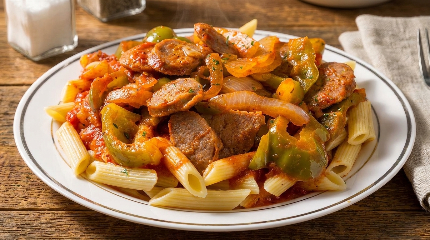 Penne pasta with sliced sausage, green peppers, and onions in a red sauce.