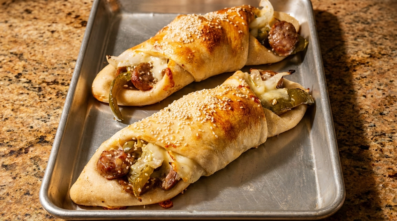 Two golden-brown sausage, pepper, and onion strombolis with melted cheese on a metal baking sheet.