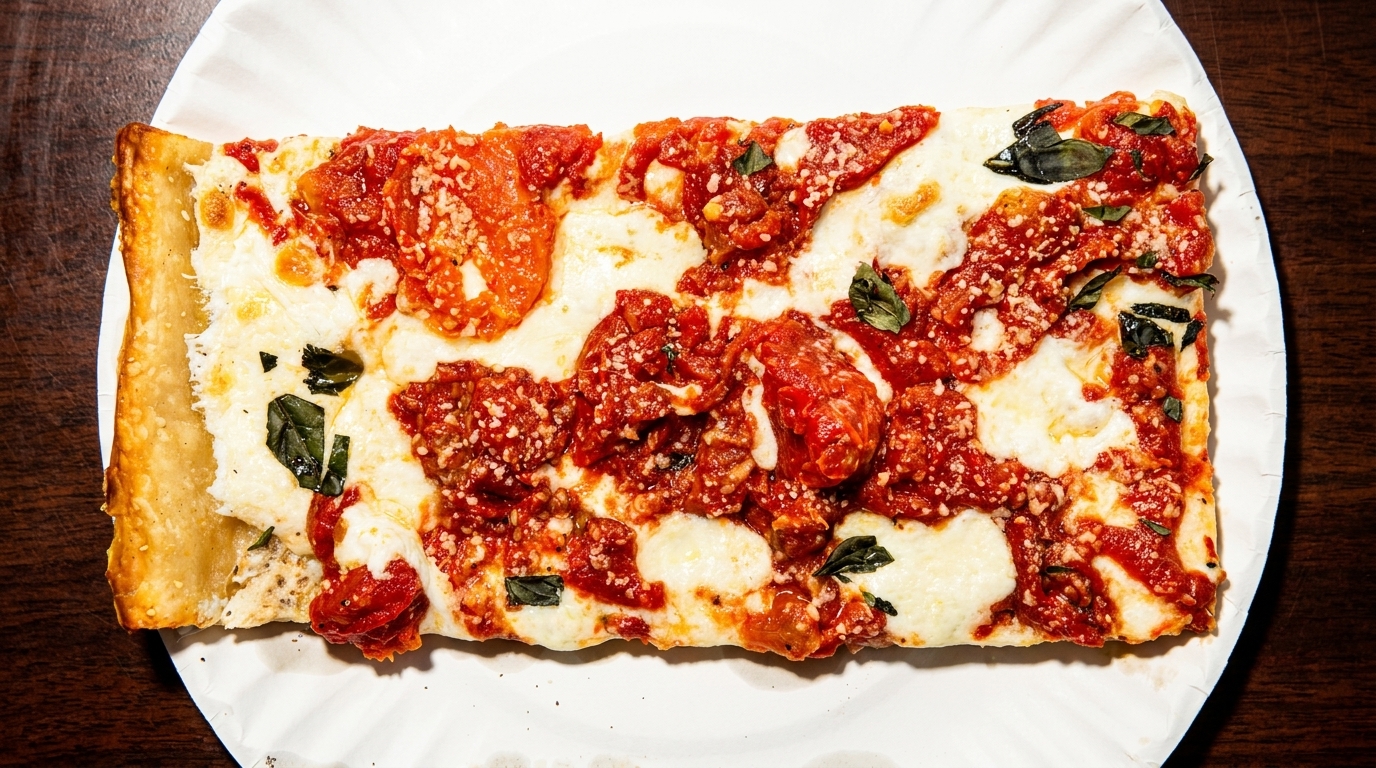 A rectangular slice of pizza with chunky red sauce, melted mozzarella, and fresh basil on a paper plate.