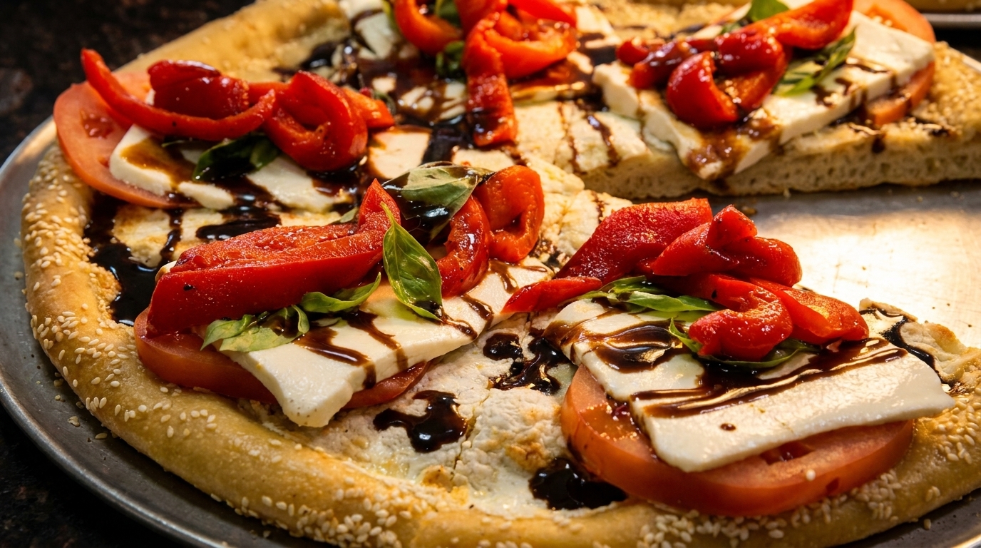 Close-up of a pizza with tomatoes, mozzarella, basil, and balsamic glaze on a sesame seed crust.