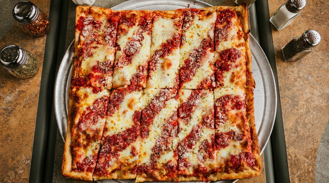 A rectangular Sicilian pizza, cut into squares, with red sauce and melted white cheese.